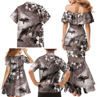 Hawaiian Lei Day Plumeria Humpback Whales Family Matching Mermaid Dress and Hawaiian Shirt Polynesian Art Vibrant Starry Nebula Grayscale Style