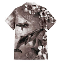 Hawaiian Lei Day Plumeria Humpback Whales Family Matching Off Shoulder Short Dress and Hawaiian Shirt Polynesian Art Vibrant Starry Nebula Grayscale Style