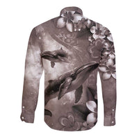 Hawaiian Lei Day Plumeria Humpback Whales Long Sleeve Button Shirt Polynesian Art Vibrant Starry Nebula Grayscale Style