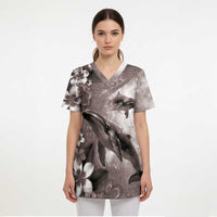 Hawaiian Lei Day Plumeria Humpback Whales Scrub Top Polynesian Art Vibrant Starry Nebula Grayscale Style LT03 - Polynesian Pride