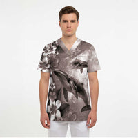 Hawaiian Lei Day Plumeria Humpback Whales Scrub Top Polynesian Art Vibrant Starry Nebula Grayscale Style LT03 - Polynesian Pride