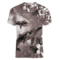 Hawaiian Lei Day Plumeria Humpback Whales Women V-Neck T-Shirt Polynesian Art Vibrant Starry Nebula Grayscale Style