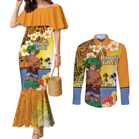Happy Lei Day Couples Matching Mermaid Dress and Long Sleeve Button Shirt Hula Male Dancer Polynesian Flower Kakau Pattern