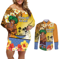 Happy Lei Day Couples Matching Off Shoulder Short Dress and Long Sleeve Button Shirt Hula Male Dancer Polynesian Flower Kakau Pattern LT03 Yellow - Polynesian Pride
