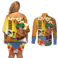 Happy Lei Day Couples Matching Off Shoulder Short Dress and Long Sleeve Button Shirt Hula Male Dancer Polynesian Flower Kakau Pattern LT03 - Polynesian Pride