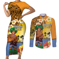 Happy Lei Day Couples Matching Short Sleeve Bodycon Dress and Long Sleeve Button Shirt Hula Male Dancer Polynesian Flower Kakau Pattern