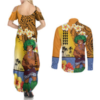 Happy Lei Day Couples Matching Summer Maxi Dress and Long Sleeve Button Shirt Hula Male Dancer Polynesian Flower Kakau Pattern