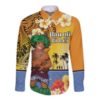 Happy Lei Day Long Sleeve Button Shirt Hula Male Dancer Polynesian Flower Kakau Pattern