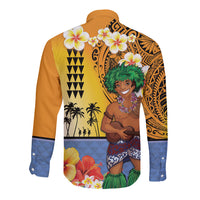 Happy Lei Day Long Sleeve Button Shirt Hula Male Dancer Polynesian Flower Kakau Pattern