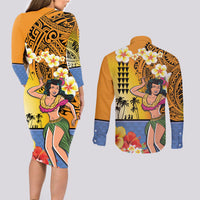 Happy Lei Day Couples Matching Long Sleeve Bodycon Dress and Long Sleeve Button Shirt Hula Girl Polynesian Flower Kakau Pattern