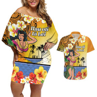 Happy Lei Day Couples Matching Off Shoulder Short Dress and Hawaiian Shirt Hula Girl Polynesian Flower Kakau Pattern LT03 Yellow - Polynesian Pride