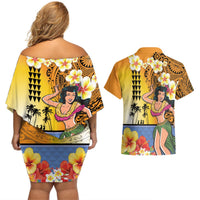 Happy Lei Day Couples Matching Off Shoulder Short Dress and Hawaiian Shirt Hula Girl Polynesian Flower Kakau Pattern LT03 - Polynesian Pride