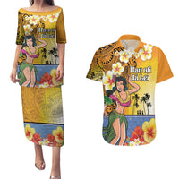 Happy Lei Day Couples Matching Puletasi and Hawaiian Shirt Hula Girl Polynesian Flower Kakau Pattern LT03 Yellow - Polynesian Pride