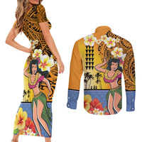 Happy Lei Day Couples Matching Short Sleeve Bodycon Dress and Long Sleeve Button Shirt Hula Girl Polynesian Flower Kakau Pattern