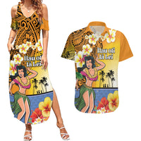 Happy Lei Day Couples Matching Summer Maxi Dress and Hawaiian Shirt Hula Girl Polynesian Flower Kakau Pattern LT03 Yellow - Polynesian Pride