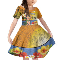 Happy Lei Day Family Matching Mermaid Dress and Hawaiian Shirt Hula Girl Polynesian Flower Kakau Pattern LT03 Daughter's Dress Yellow - Polynesian Pride