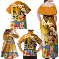 Happy Lei Day Family Matching Off Shoulder Maxi Dress and Hawaiian Shirt Hula Girl Polynesian Flower Kakau Pattern