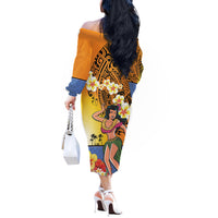 Happy Lei Day Off The Shoulder Long Sleeve Dress Hula Girl Polynesian Flower Kakau Pattern