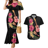 Ukulele mix Polynesian Flower Couples Matching Mermaid Dress and Hawaiian Shirt Hawaiian Tribal Pattern LT03 Black - Polynesian Pride