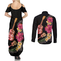 Ukulele mix Polynesian Flower Couples Matching Summer Maxi Dress and Long Sleeve Button Shirt Hawaiian Tribal Pattern LT03 - Polynesian Pride