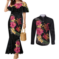 Hawaiian Flower and Tribal Turtle Couples Matching Mermaid Dress and Long Sleeve Button Shirt Colorful Style LT03 Black - Polynesian Pride