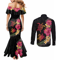 Hawaiian Flower and Tribal Turtle Couples Matching Mermaid Dress and Long Sleeve Button Shirt Colorful Style