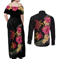 Hawaiian Flower and Tribal Turtle Couples Matching Off Shoulder Maxi Dress and Long Sleeve Button Shirt Colorful Style