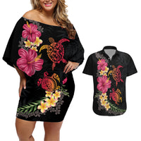 Hawaiian Flower and Tribal Turtle Couples Matching Off Shoulder Short Dress and Hawaiian Shirt Colorful Style LT03 Black - Polynesian Pride