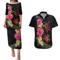 Hawaiian Flower and Tribal Turtle Couples Matching Puletasi and Hawaiian Shirt Colorful Style LT03 Black - Polynesian Pride