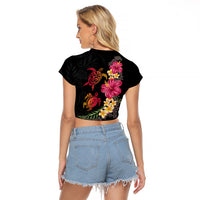Hawaiian Flower and Tribal Turtle Raglan Cropped T Shirt Colorful Style