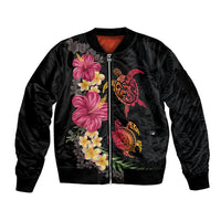 Hawaiian Flower and Tribal Turtle Sleeve Zip Bomber Jacket Colorful Style LT03 Unisex Black - Polynesian Pride