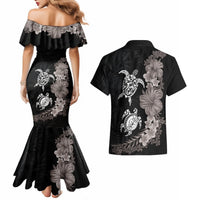 Hawaiian Flower and Tribal Turtle Couples Matching Mermaid Dress and Hawaiian Shirt Grayscale Mode LT03 - Polynesian Pride