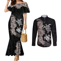 Hawaiian Flower and Tribal Turtle Couples Matching Mermaid Dress and Long Sleeve Button Shirt Grayscale Mode LT03 Black - Polynesian Pride