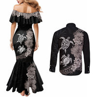 Hawaiian Flower and Tribal Turtle Couples Matching Mermaid Dress and Long Sleeve Button Shirt Grayscale Mode LT03 - Polynesian Pride