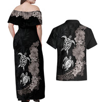 Hawaiian Flower and Tribal Turtle Couples Matching Off Shoulder Maxi Dress and Hawaiian Shirt Grayscale Mode