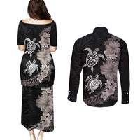 Hawaiian Flower and Tribal Turtle Couples Matching Puletasi and Long Sleeve Button Shirt Grayscale Mode LT03 - Polynesian Pride