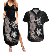 Hawaiian Flower and Tribal Turtle Couples Matching Summer Maxi Dress and Hawaiian Shirt Grayscale Mode LT03 Black - Polynesian Pride