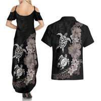 Hawaiian Flower and Tribal Turtle Couples Matching Summer Maxi Dress and Hawaiian Shirt Grayscale Mode LT03 - Polynesian Pride