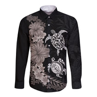 Hawaiian Flower and Tribal Turtle Long Sleeve Button Shirt Grayscale Mode