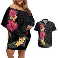 Hawaiian Plumeria and Hibiscus Couples Matching Off Shoulder Short Dress and Hawaiian Shirt Colorful Style LT03 Black - Polynesian Pride