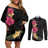 Hawaiian Plumeria and Hibiscus Couples Matching Off Shoulder Short Dress and Long Sleeve Button Shirt Colorful Style LT03 Black - Polynesian Pride