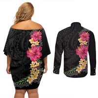 Hawaiian Plumeria and Hibiscus Couples Matching Off Shoulder Short Dress and Long Sleeve Button Shirt Colorful Style LT03 - Polynesian Pride