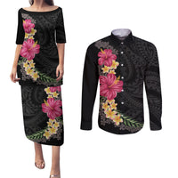 Hawaiian Plumeria and Hibiscus Couples Matching Puletasi and Long Sleeve Button Shirt Colorful Style LT03 Black - Polynesian Pride
