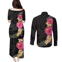 Hawaiian Plumeria and Hibiscus Couples Matching Puletasi and Long Sleeve Button Shirt Colorful Style LT03 - Polynesian Pride