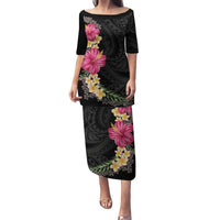 Hawaiian Plumeria and Hibiscus Puletasi Colorful Style LT03 Long Dress Black - Polynesian Pride