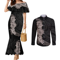Hawaiian Plumeria and Hibiscus Couples Matching Mermaid Dress and Long Sleeve Button Shirt Grayscale Mode LT03 Black - Polynesian Pride