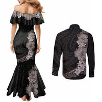 Hawaiian Plumeria and Hibiscus Couples Matching Mermaid Dress and Long Sleeve Button Shirt Grayscale Mode LT03 - Polynesian Pride
