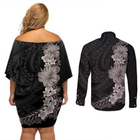 Hawaiian Plumeria and Hibiscus Couples Matching Off Shoulder Short Dress and Long Sleeve Button Shirt Grayscale Mode LT03 - Polynesian Pride
