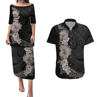 Hawaiian Plumeria and Hibiscus Couples Matching Puletasi and Hawaiian Shirt Grayscale Mode