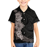 Hawaiian Plumeria and Hibiscus Family Matching Off Shoulder Short Dress and Hawaiian Shirt Grayscale Mode